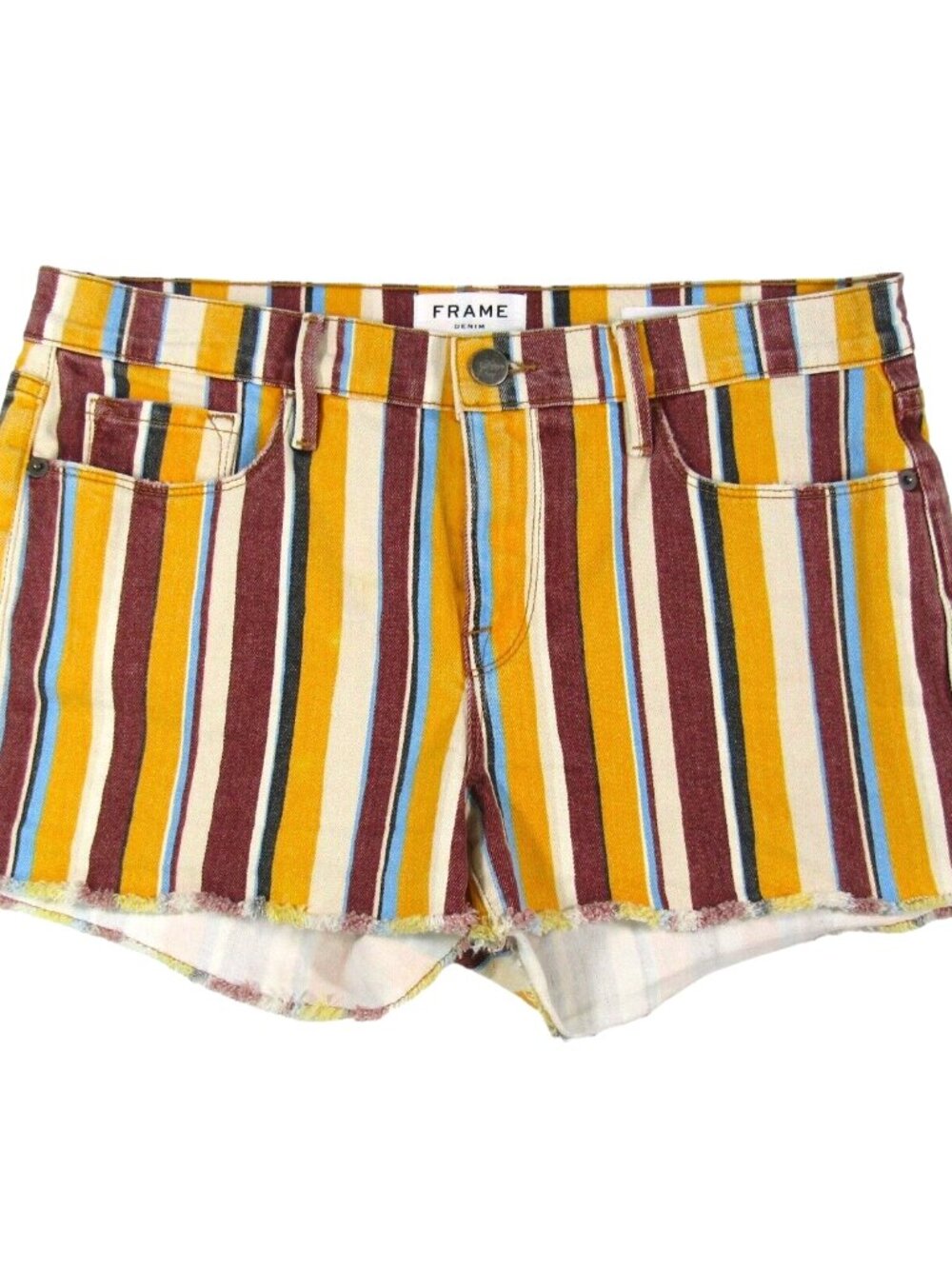 Frame Denim Le Cutoff Shorts Painterly Stripe Yellow Red Size 28 Mid Rise
